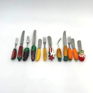 Set of 12 Vintage Ceramic Fruit Vegetable Cheese Spread Knives Forks